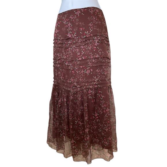 Vintage Y2k Boho Fairy Sheer Brown Silk Abstract Dots Tiered Midi Skirt Size S - Picture 4 of 6